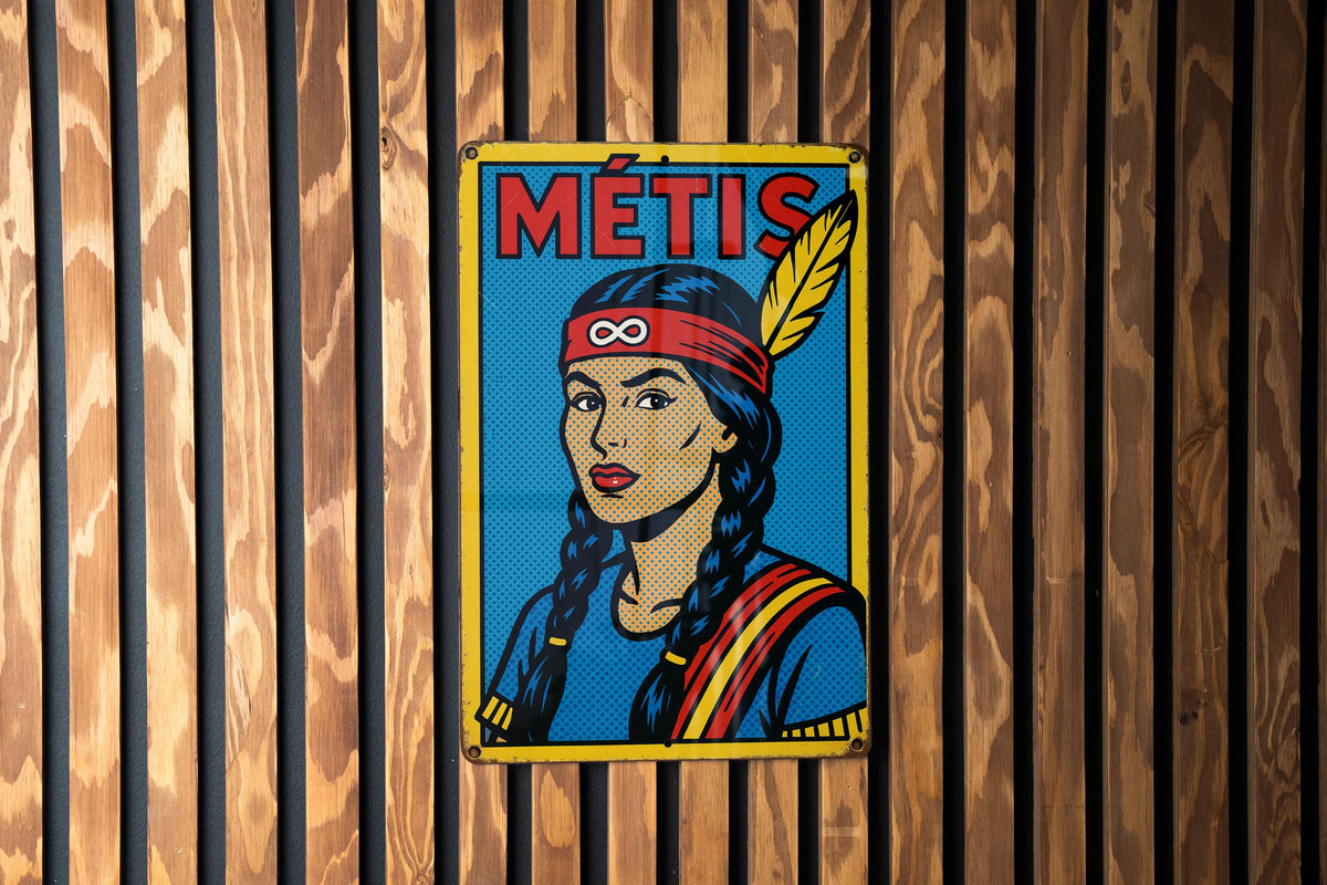 Bold Pop Art Comic Metis Metal Sign – Retro Tin Wall Decor with Ben-Day Dots, Saturated Colors, Vintage Style Art — photo 1