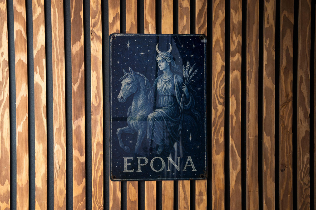 Celestial Epona Metal Sign – Midnight Blue Goddess Wall Art, Starry Sky Decor, Vintage Tin Plaque, Mystical Enamel Finish — photo 2