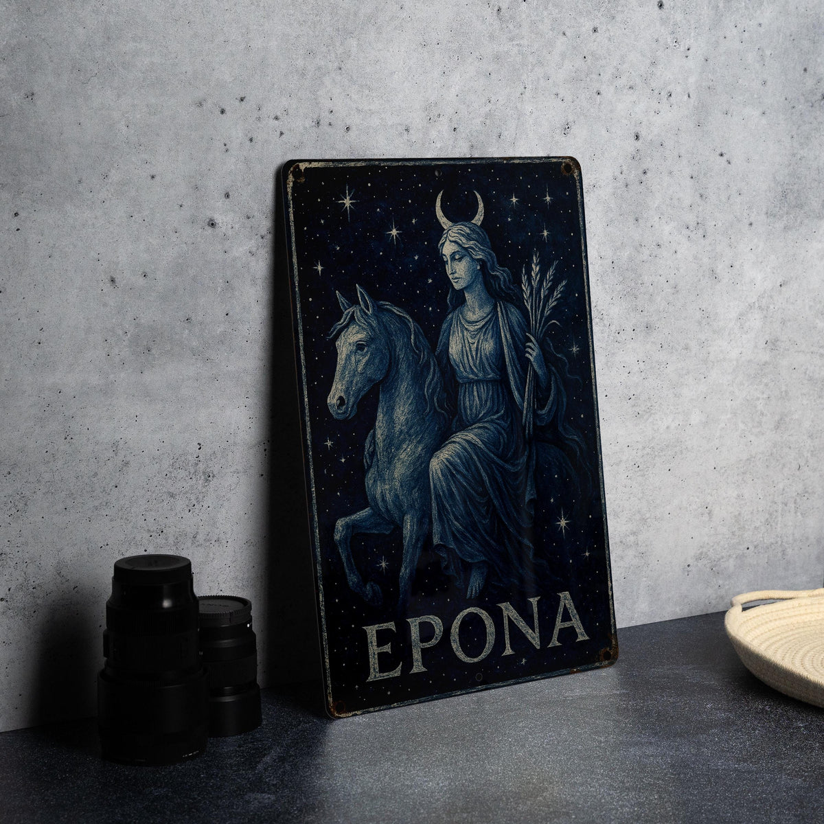 Celestial Epona Metal Sign – Midnight Blue Goddess Wall Art, Starry Sky Decor, Vintage Tin Plaque, Mystical Enamel Finish — photo 3