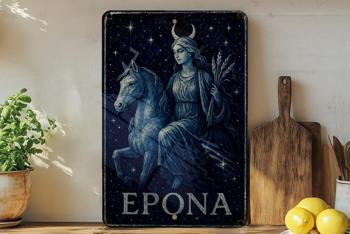 Celestial Epona Metal Sign – Midnight Blue Goddess Wall Art, Starry Sky Decor, Vintage Tin Plaque, Mystical Enamel Finish — photo 4