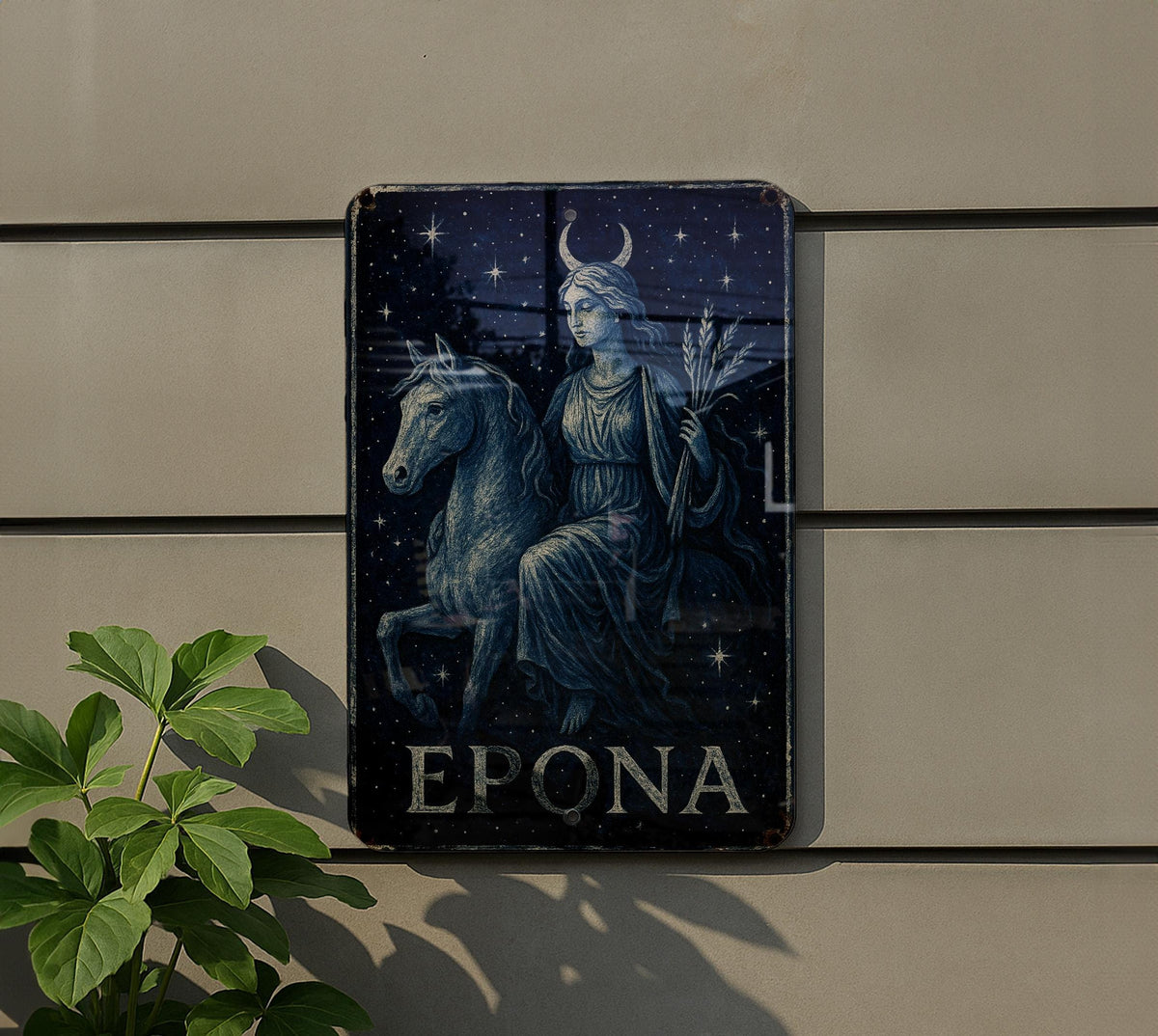 Celestial Epona Metal Sign – Midnight Blue Goddess Wall Art, Starry Sky Decor, Vintage Tin Plaque, Mystical Enamel Finish — photo 5