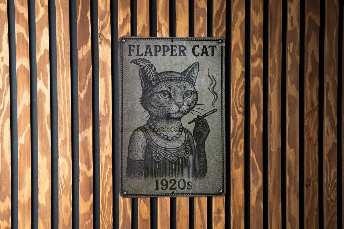 1920s Flapper Cat Metal Sign – Vintage Engraved Tin Wall Art, Brushed Steel Look, Retro Patina, Black Etched Line Decor — photo 1
