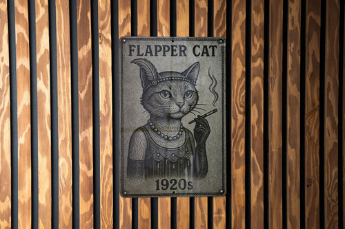 1920s Flapper Cat Metal Sign – Vintage Engraved Tin Wall Art, Brushed Steel Look, Retro Patina, Black Etched Line Decor — photo 1