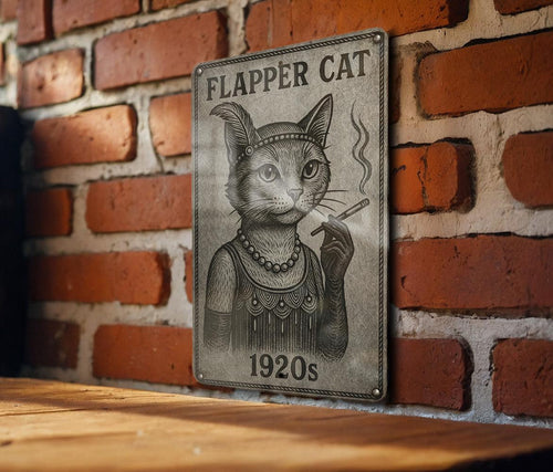 1920s Flapper Cat Metal Sign – Vintage Engraved Tin Wall Art, Brushed Steel Look, Retro Patina, Black Etched Line Decor — photo 2