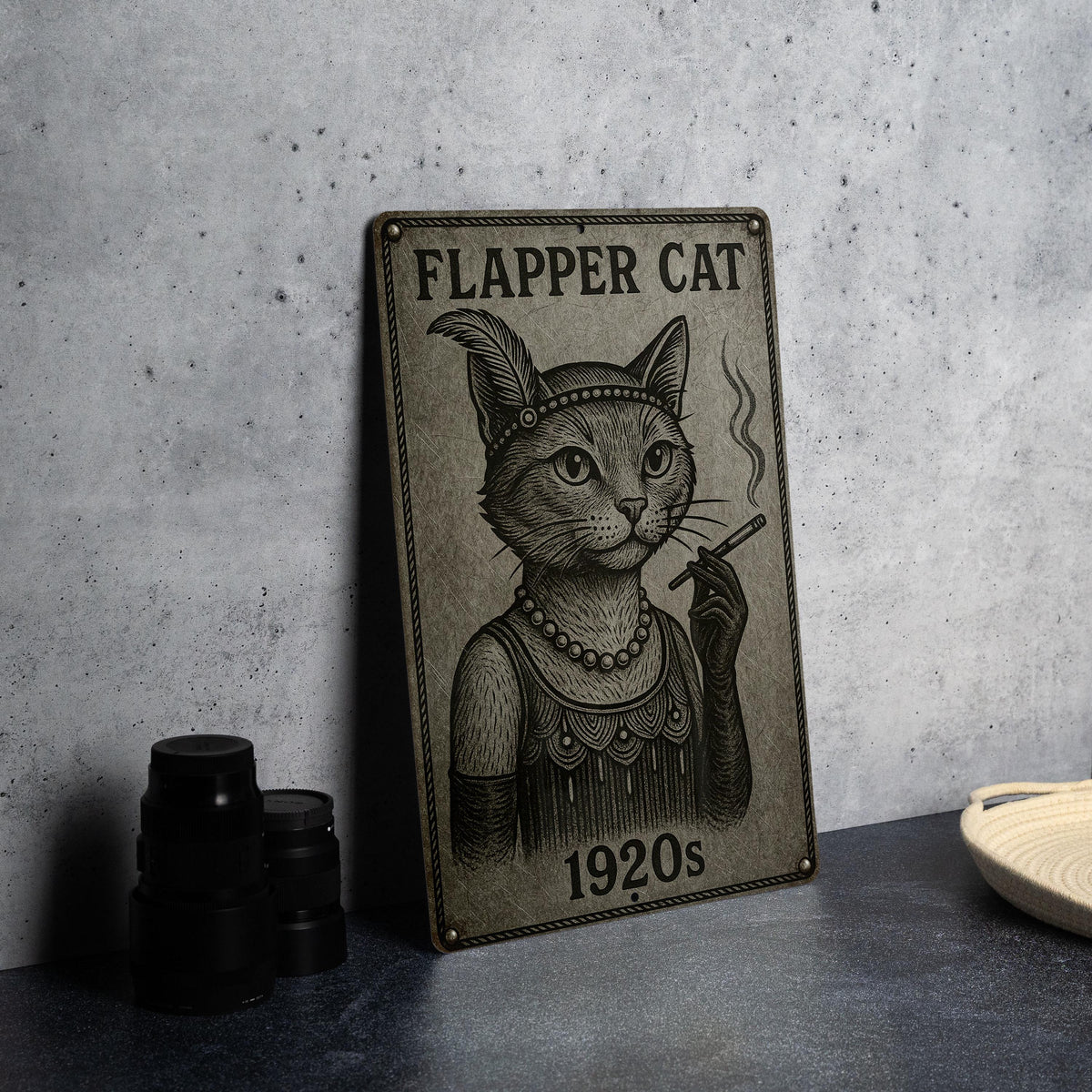 1920s Flapper Cat Metal Sign – Vintage Engraved Tin Wall Art, Brushed Steel Look, Retro Patina, Black Etched Line Decor — photo 3