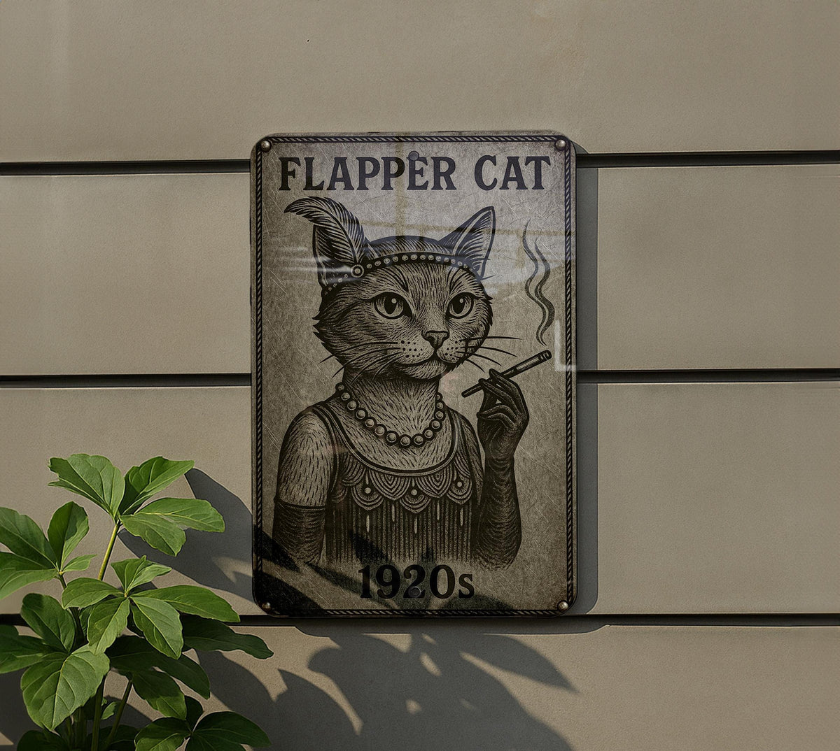 1920s Flapper Cat Metal Sign – Vintage Engraved Tin Wall Art, Brushed Steel Look, Retro Patina, Black Etched Line Decor — photo 5