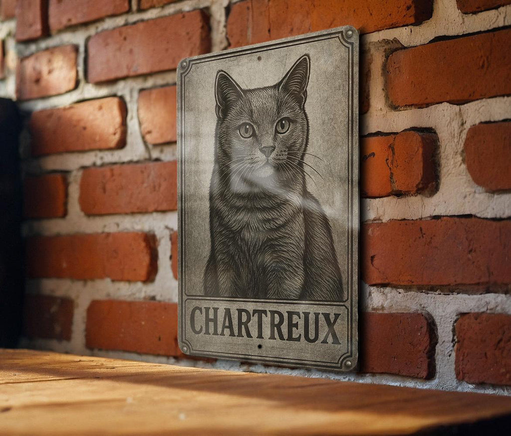 Chartreux Cat Metal Sign – Brushed Steel Look, Engraved Wall Art, Vintage Patina, Black Etched Lines, Retro Home Decor — photo 3