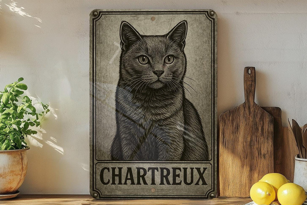 Chartreux Cat Metal Sign – Brushed Steel Look, Engraved Wall Art, Vintage Patina, Black Etched Lines, Retro Home Decor — photo 4