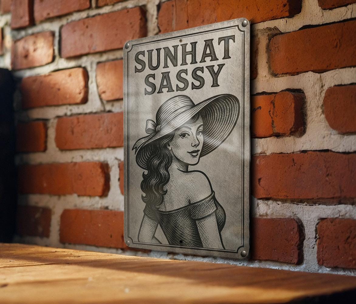 Sunhat Sassy Engraved Metal Tin Sign – Brushed Steel Look, Black Etched Art, Vintage Patina Wall Decor — photo 2