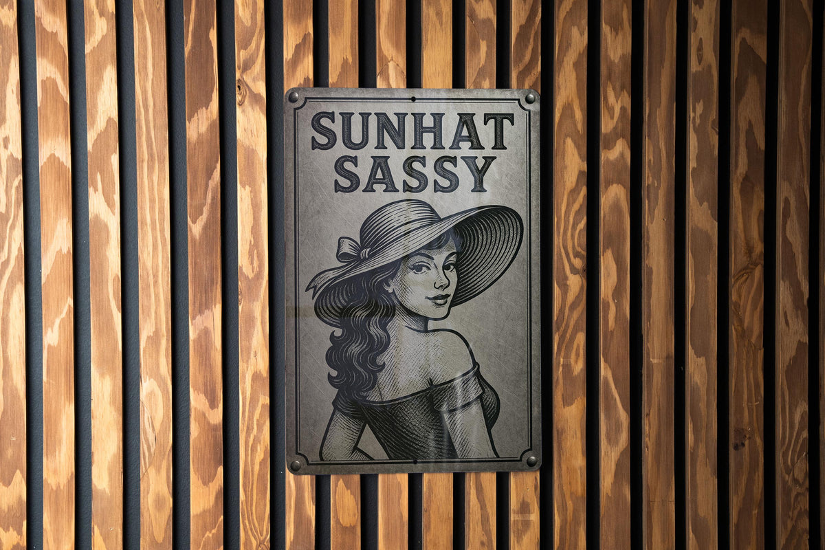 Sunhat Sassy Engraved Metal Tin Sign – Brushed Steel Look, Black Etched Art, Vintage Patina Wall Decor — photo 3