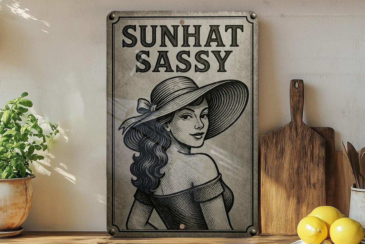 Sunhat Sassy Engraved Metal Tin Sign – Brushed Steel Look, Black Etched Art, Vintage Patina Wall Decor — photo 4