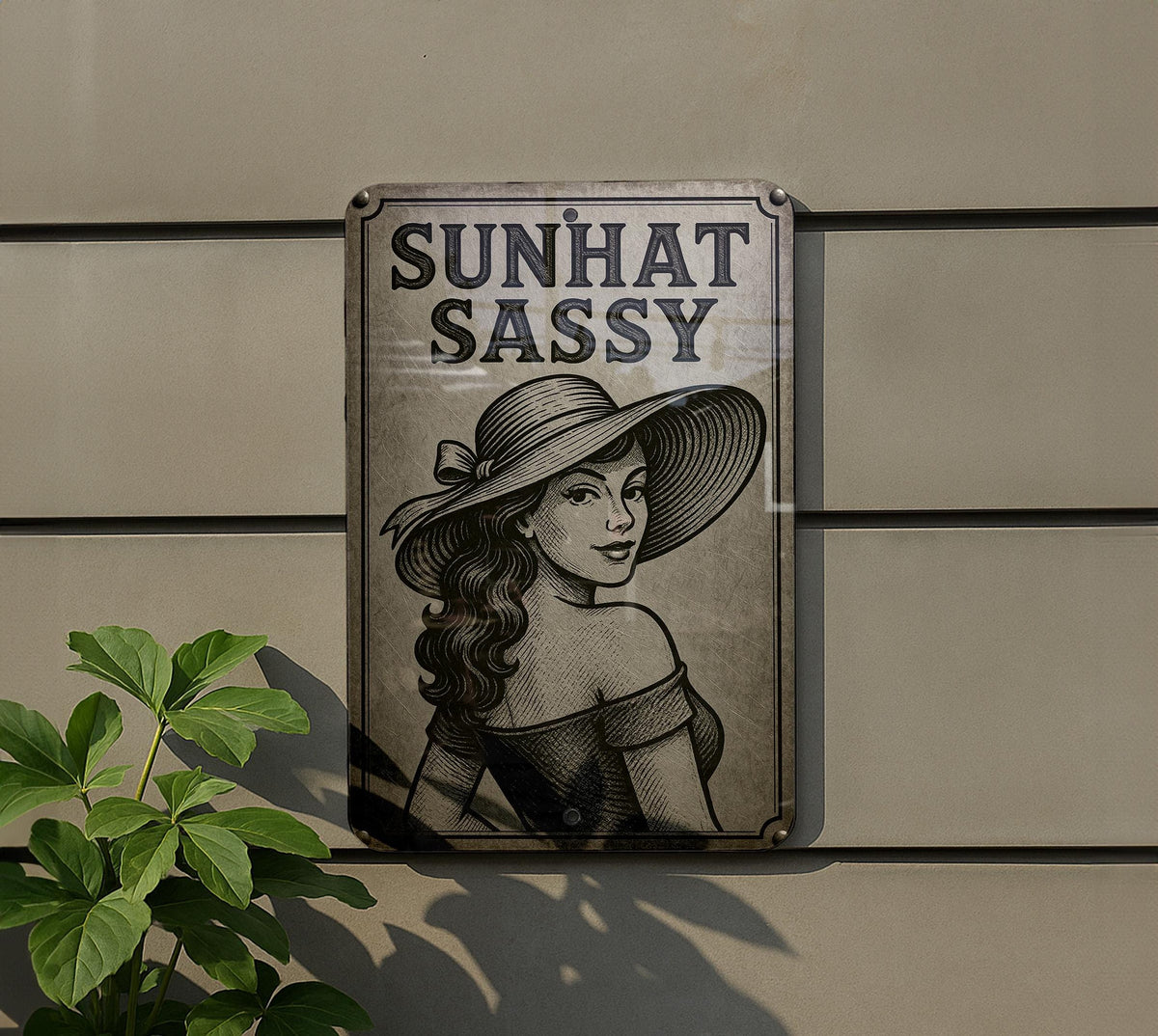 Sunhat Sassy Engraved Metal Tin Sign – Brushed Steel Look, Black Etched Art, Vintage Patina Wall Decor — photo 5