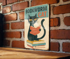 Mid-Century Modern Bookworm Cat Tin Sign – Retro Geometric Wall Art, Pastel Metal Decor, Vintage Distressed Home Sign — photo 3