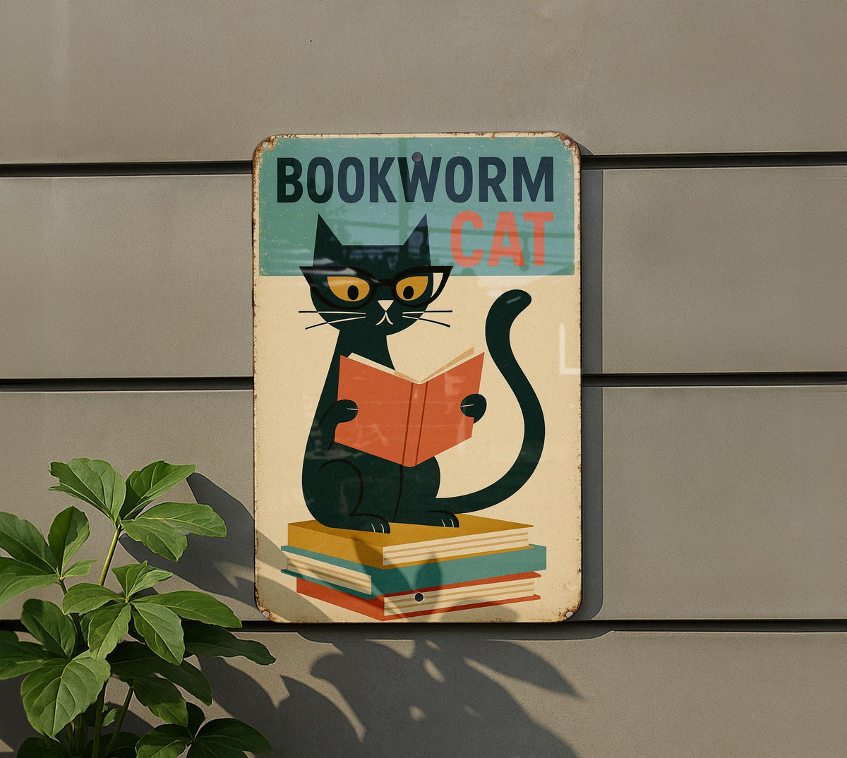 Mid-Century Modern Bookworm Cat Tin Sign – Retro Geometric Wall Art, Pastel Metal Decor, Vintage Distressed Home Sign — photo 5