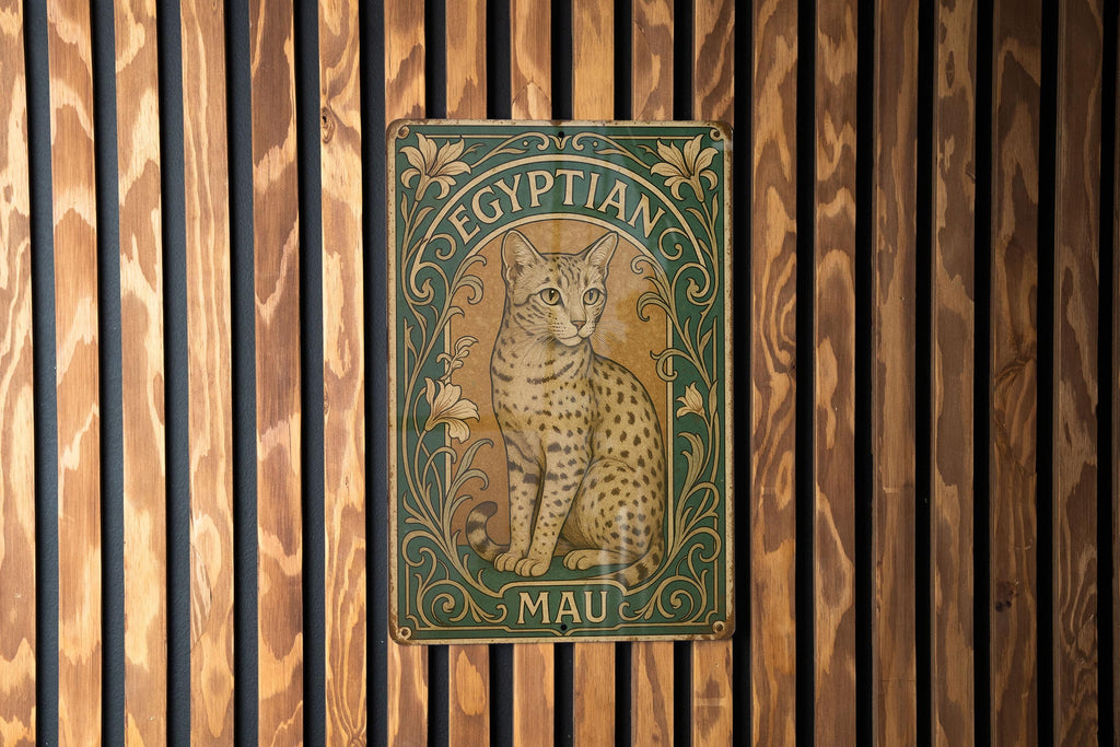 Art Nouveau Egyptian Mau Metal Sign – Ornate Vintage Cat Wall Decor, Floral Frame, Emerald Sepia Tones, Antique Tin Plaque — photo 1