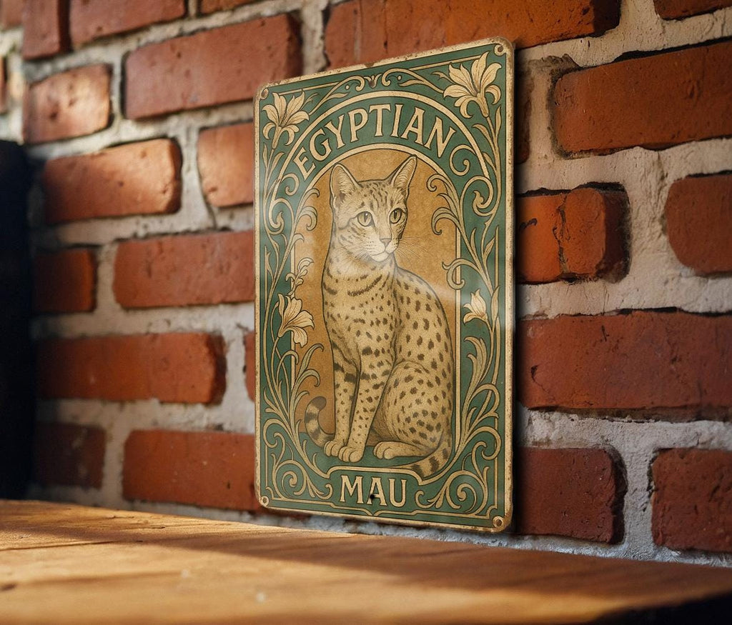 Art Nouveau Egyptian Mau Metal Sign – Ornate Vintage Cat Wall Decor, Floral Frame, Emerald Sepia Tones, Antique Tin Plaque — photo 2