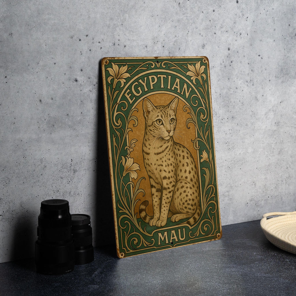 Art Nouveau Egyptian Mau Metal Sign – Ornate Vintage Cat Wall Decor, Floral Frame, Emerald Sepia Tones, Antique Tin Plaque — photo 3