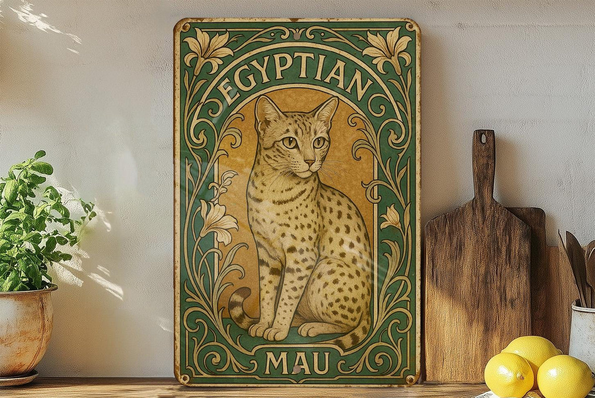 Art Nouveau Egyptian Mau Metal Sign – Ornate Vintage Cat Wall Decor, Floral Frame, Emerald Sepia Tones, Antique Tin Plaque — photo 4
