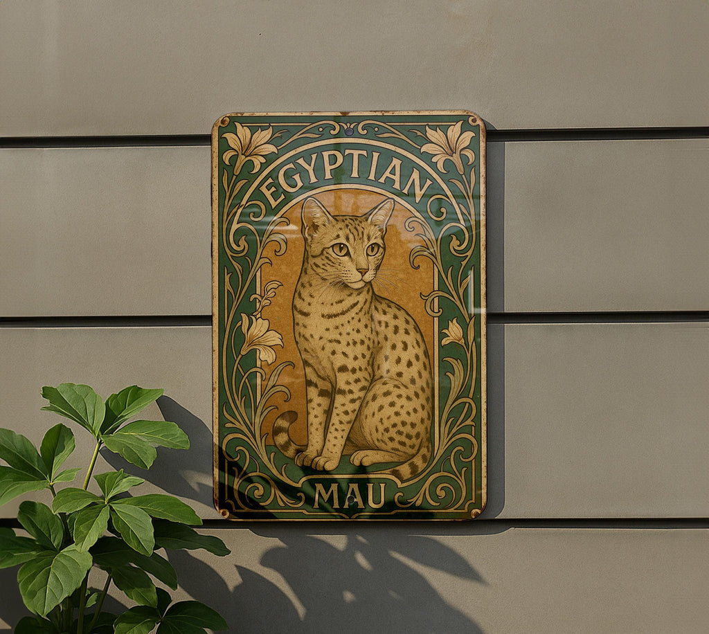 Art Nouveau Egyptian Mau Metal Sign – Ornate Vintage Cat Wall Decor, Floral Frame, Emerald Sepia Tones, Antique Tin Plaque — photo 5