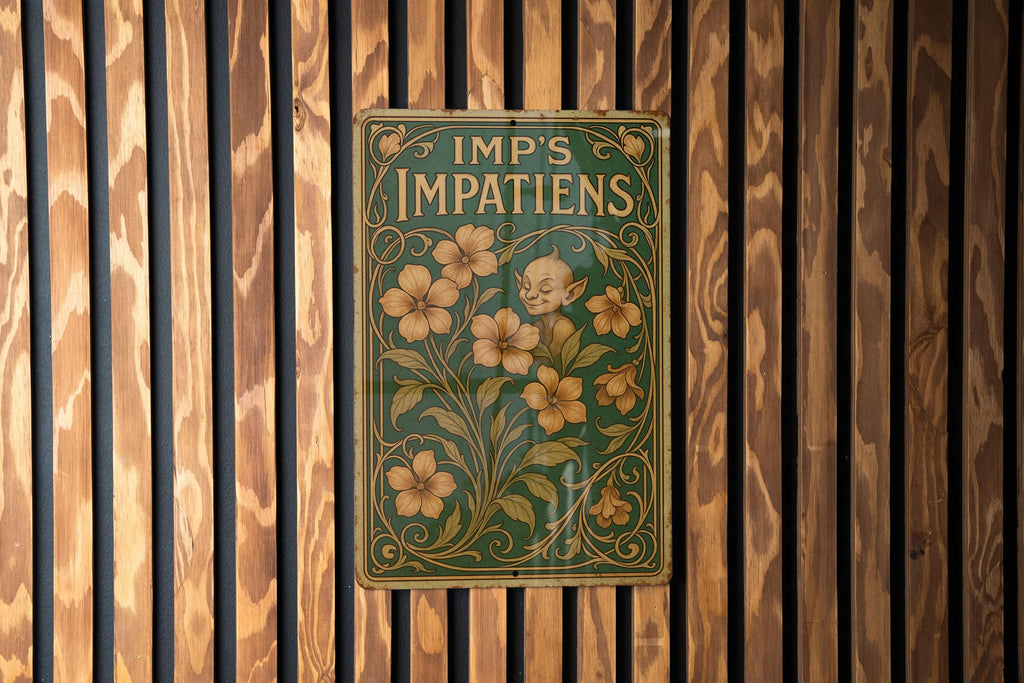 Art Nouveau Tin Sign – Imp_s Impatiens Wall Decor, Vintage Floral Metal Plaque, Emerald Sepia Tones, Elegant Antique Style — photo 1