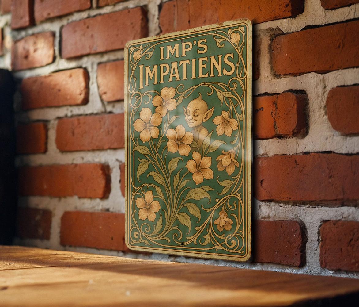 Art Nouveau Tin Sign – Imp_s Impatiens Wall Decor, Vintage Floral Metal Plaque, Emerald Sepia Tones, Elegant Antique Style — photo 2