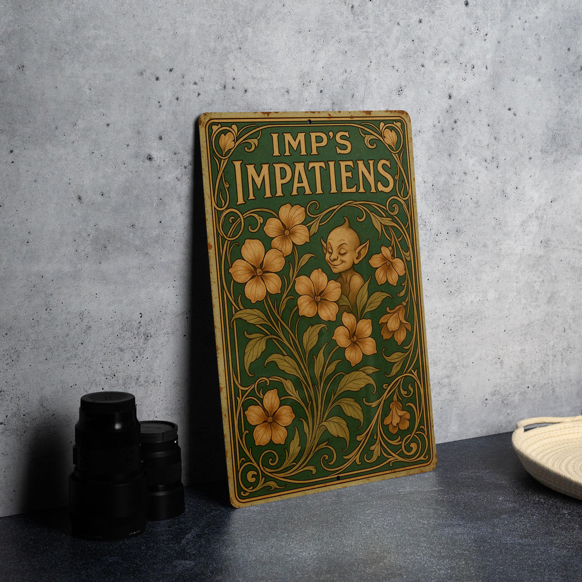 Art Nouveau Tin Sign – Imp_s Impatiens Wall Decor, Vintage Floral Metal Plaque, Emerald Sepia Tones, Elegant Antique Style — photo 3