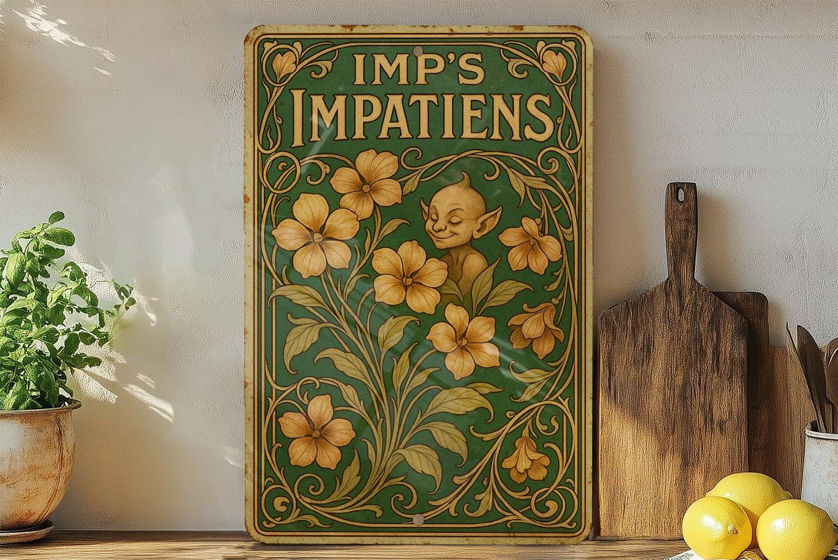 Art Nouveau Tin Sign – Imp_s Impatiens Wall Decor, Vintage Floral Metal Plaque, Emerald Sepia Tones, Elegant Antique Style — photo 4