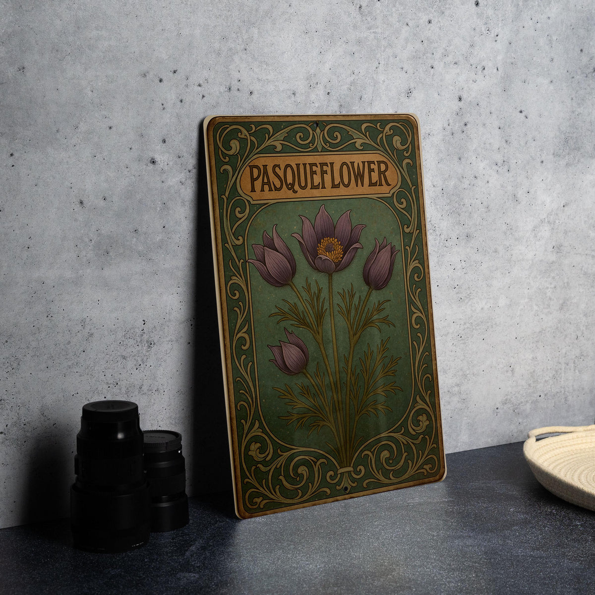 Art Nouveau Pasqueflower Metal Sign – Vintage Floral Tin Wall Art, Emerald & Sepia Tones, Ornate Enamel Decor Plaque — photo 1