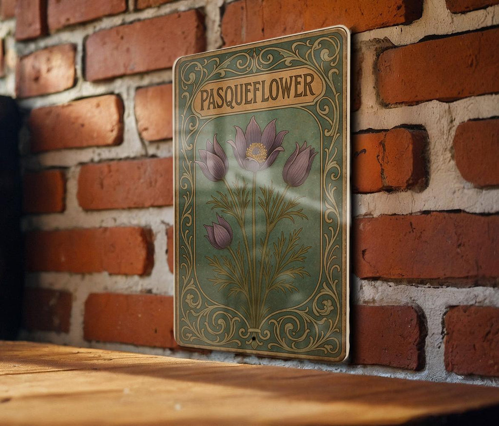 Art Nouveau Pasqueflower Metal Sign – Vintage Floral Tin Wall Art, Emerald & Sepia Tones, Ornate Enamel Decor Plaque — photo 2