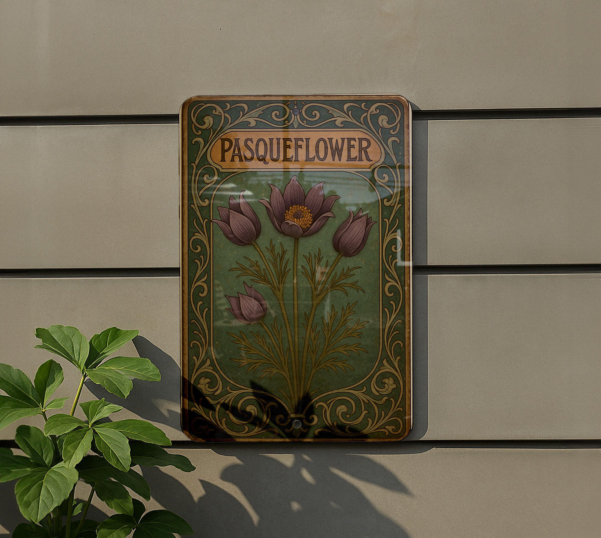 Art Nouveau Pasqueflower Metal Sign – Vintage Floral Tin Wall Art, Emerald & Sepia Tones, Ornate Enamel Decor Plaque — photo 5