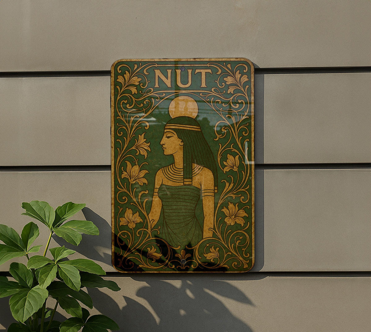 Art Nouveau Nut Goddess Metal Sign – Ornate Floral Frame, Emerald Sepia Tones, Vintage Enamel Look, Decorative Wall Art — photo 5