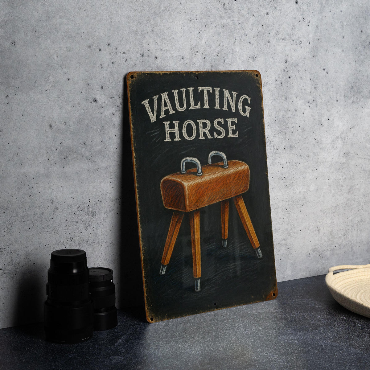 Retro Vaulting Horse Chalkboard Metal Sign – Hand-Drawn Gymnastics Wall Art, Vintage Tin Decor, Rustic Slate Look Signage — photo 3