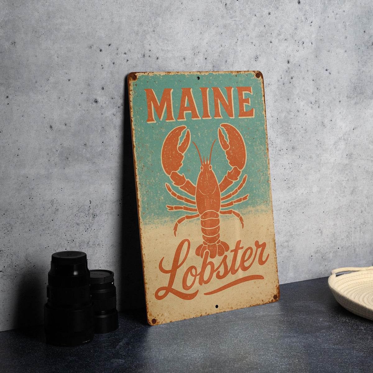 Retro Maine Lobster Tin Sign – Surf Shack Decor, Coastal Aqua Beige Coral, Distressed Metal Wall Art, Beach House Nautical Accent — photo 1