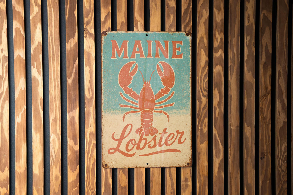 Retro Maine Lobster Tin Sign – Surf Shack Decor, Coastal Aqua Beige Coral, Distressed Metal Wall Art, Beach House Nautical Accent — photo 2