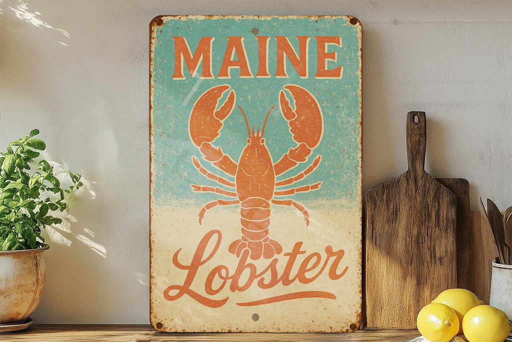 Retro Maine Lobster Tin Sign – Surf Shack Decor, Coastal Aqua Beige Coral, Distressed Metal Wall Art, Beach House Nautical Accent — photo 4