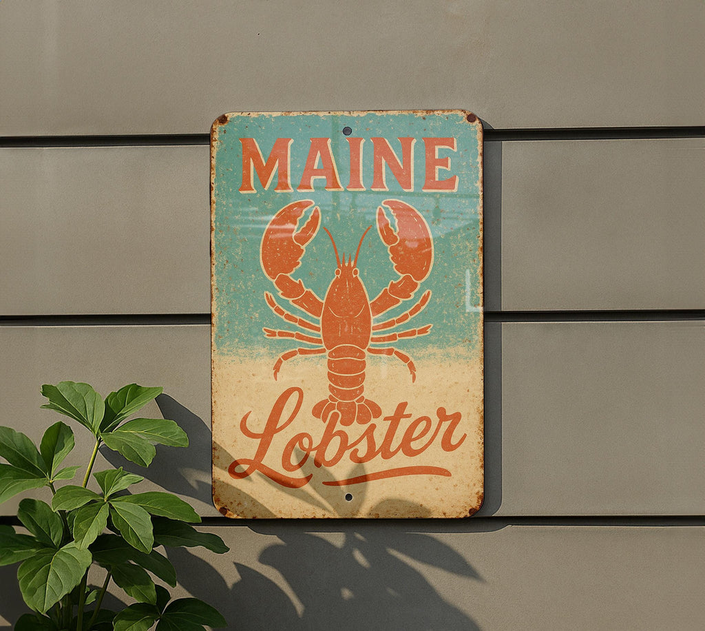 Retro Maine Lobster Tin Sign – Surf Shack Decor, Coastal Aqua Beige Coral, Distressed Metal Wall Art, Beach House Nautical Accent — photo 5