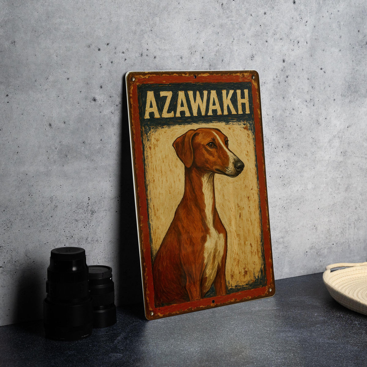 Rustic Azawakh Dog Tin Sign – Hand-Painted Americana Wall Art, Vintage Metal Decor, Red Navy Cream, Distressed Farmhouse Style — photo 3