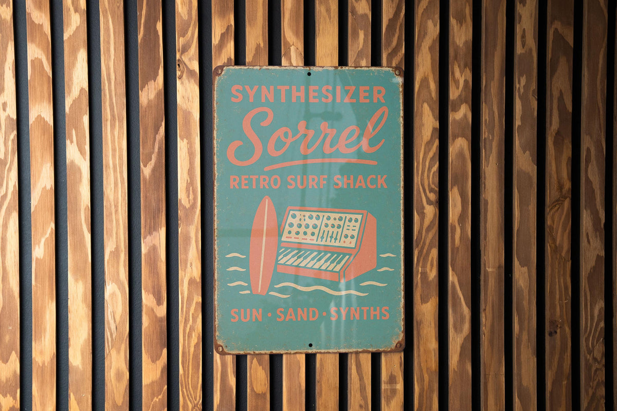 Retro Surf Shack Tin Sign – Synthesizer Sorrel, Sun-Faded Aqua & Coral, Beach Decor, Distressed Metal Wall Art — photo 1