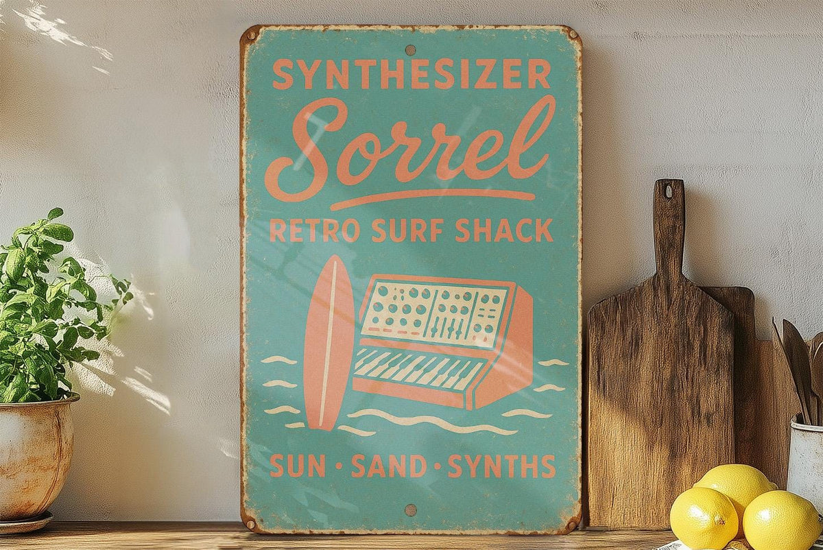 Retro Surf Shack Tin Sign – Synthesizer Sorrel, Sun-Faded Aqua & Coral, Beach Decor, Distressed Metal Wall Art — photo 4