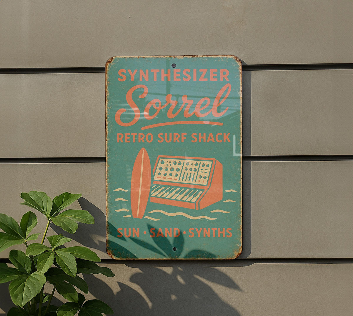 Retro Surf Shack Tin Sign – Synthesizer Sorrel, Sun-Faded Aqua & Coral, Beach Decor, Distressed Metal Wall Art — photo 5