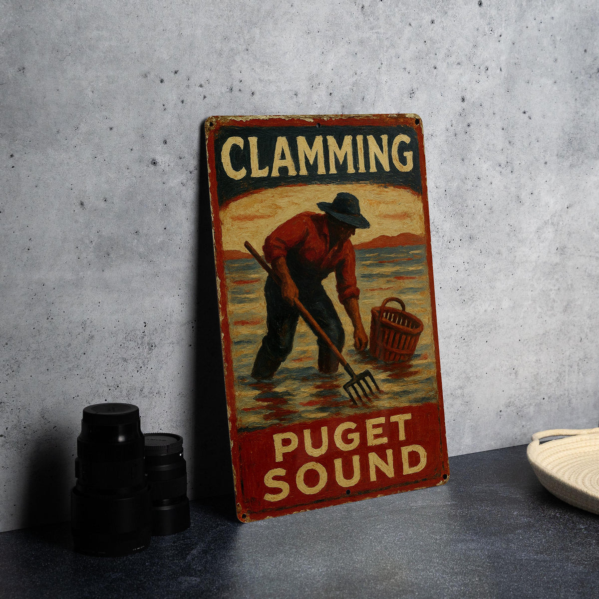 Rustic Americana Clamming Puget Sound Tin Sign – Hand-Painted Vintage Metal Wall Art, Weathered Coastal Decor — photo 2