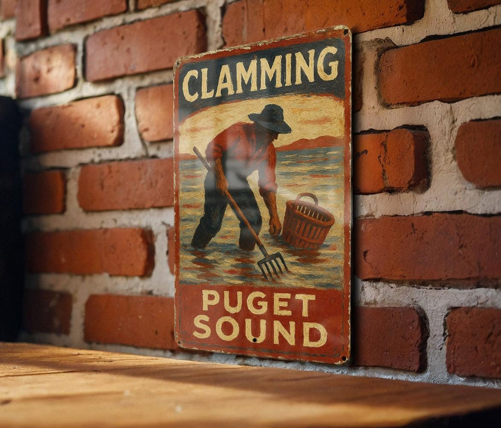 Rustic Americana Clamming Puget Sound Tin Sign – Hand-Painted Vintage Metal Wall Art, Weathered Coastal Decor — photo 3