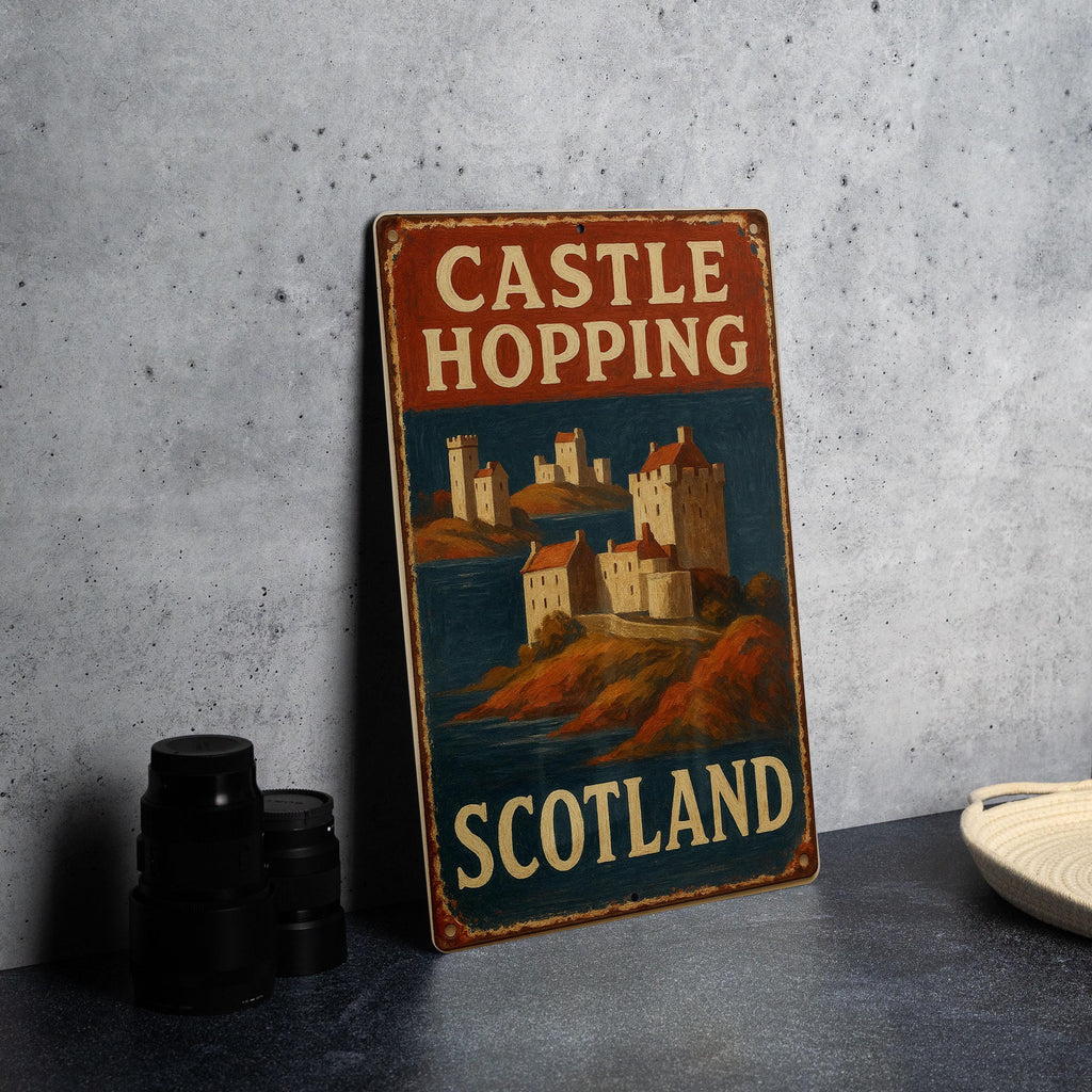 Rustic Americana Castle Hopping Scotland Tin Sign – Hand-Painted Metal Wall Art, Vintage Weathered Look, Red Navy Cream Décor — photo 1