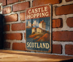 Rustic Americana Castle Hopping Scotland Tin Sign – Hand-Painted Metal Wall Art, Vintage Weathered Look, Red Navy Cream Décor — photo 2
