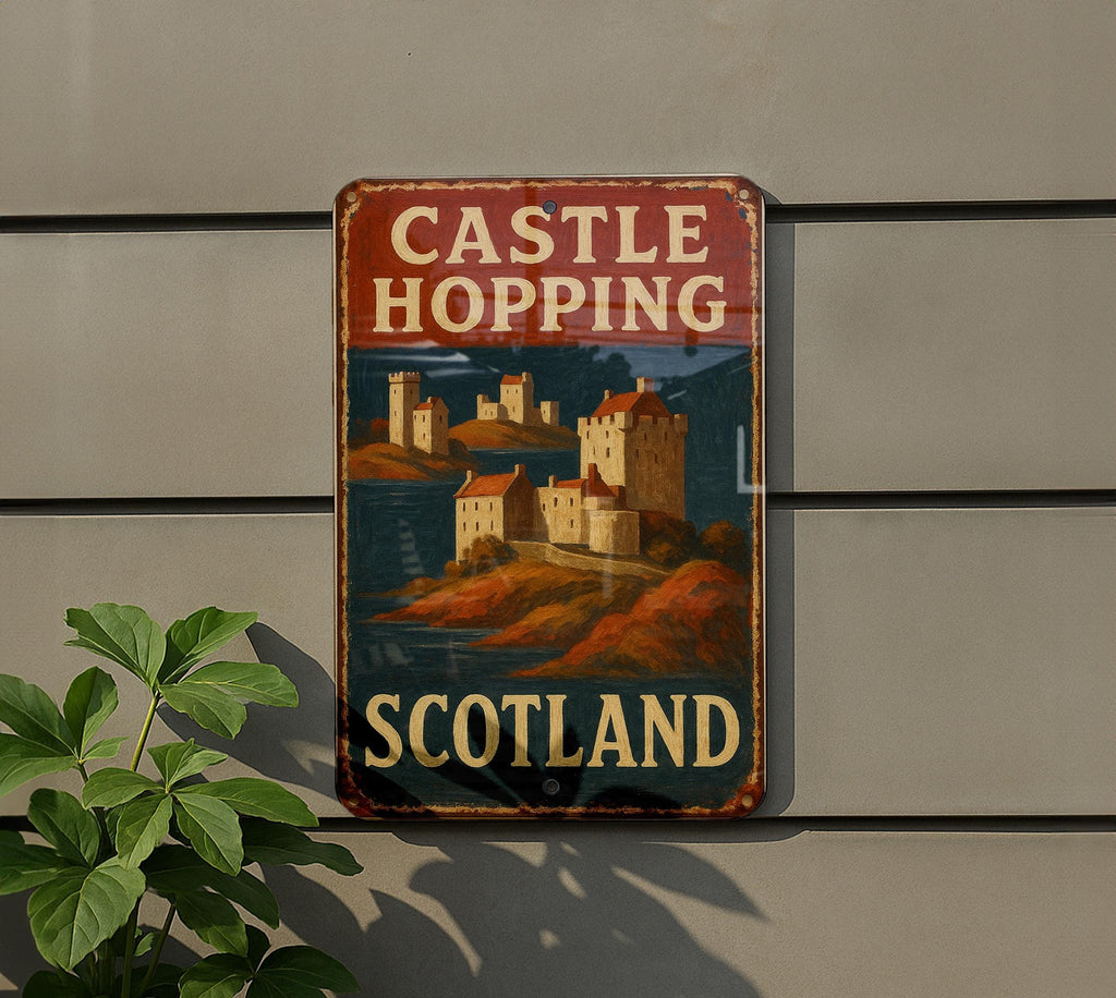 Rustic Americana Castle Hopping Scotland Tin Sign – Hand-Painted Metal Wall Art, Vintage Weathered Look, Red Navy Cream Décor — photo 5