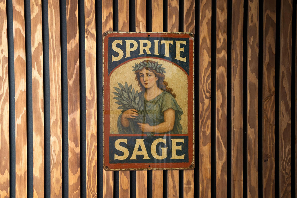 Rustic Americana Sprite Sage Tin Sign – Hand-Painted Weathered Metal Wall Art, Vintage Red Navy Cream, Chipped Paint Decor — photo 1