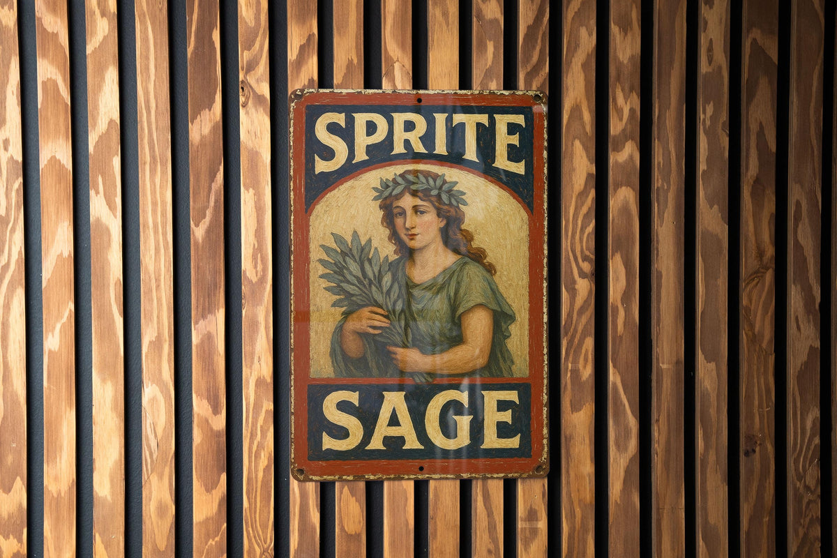 Rustic Americana Sprite Sage Tin Sign – Hand-Painted Weathered Metal Wall Art, Vintage Red Navy Cream, Chipped Paint Decor — photo 1