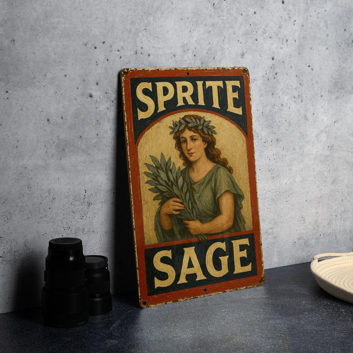 Rustic Americana Sprite Sage Tin Sign – Hand-Painted Weathered Metal Wall Art, Vintage Red Navy Cream, Chipped Paint Decor — photo 3