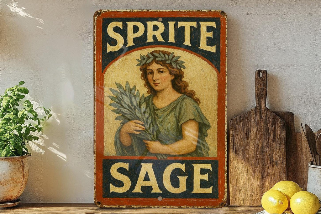 Rustic Americana Sprite Sage Tin Sign – Hand-Painted Weathered Metal Wall Art, Vintage Red Navy Cream, Chipped Paint Decor — photo 4