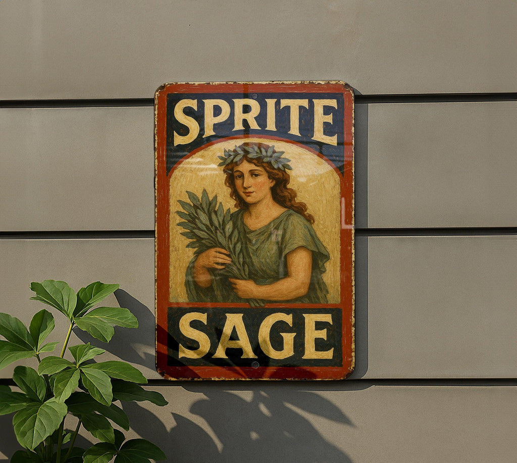 Rustic Americana Sprite Sage Tin Sign – Hand-Painted Weathered Metal Wall Art, Vintage Red Navy Cream, Chipped Paint Decor — photo 5